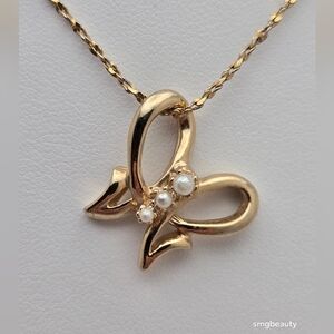 Butterfly Pendant w/ Faux Pearl on Pearl Chain Gold Tone 24''